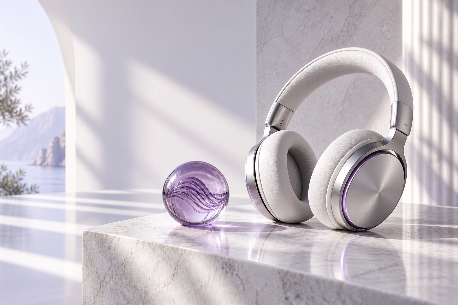 Audífonos de color perla y cristal lavanda bajo la luz de la mañana